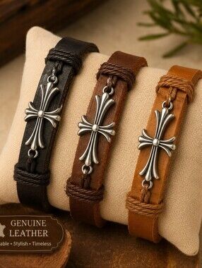 Genuine Leather Cross Bracelet - Brown